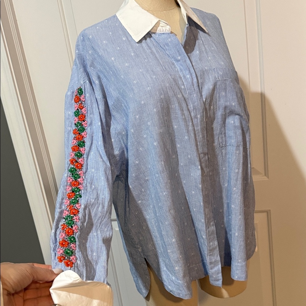 Essentiel Antwerp Harkle Blue Striped Shirt with Floral Embroidery Blouse XS - Picture 4 of 12